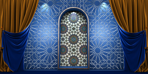moroccan arc door with blue and golden curtains on the side and arabesque style, islamic vip concept, ramadan, eid mubarak, blue and gold curtains, 3D render - obrazy, fototapety, plakaty