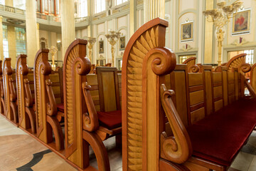 The pews in the church.Sanctuary of Our Lady of Sorrows in Licheń, Queen of Poland. The largest temple in Poland.