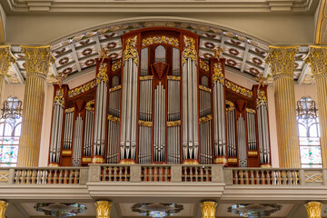 Organ pipes.Sanctuary of Our Lady of Sorrows in Licheń, Queen of Poland. The largest temple in Poland.