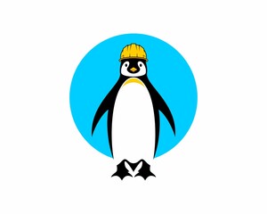Penguin use construction helmet vector illustration