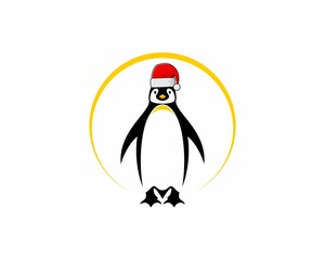 Penguin use santa hat vector logo illustration