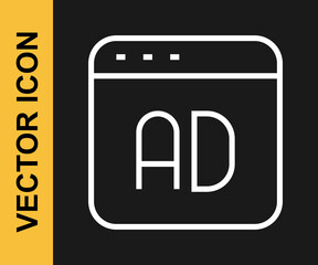 Obraz premium White line Advertising icon isolated on black background. Concept of marketing and promotion process. Responsive ads. Social media advertising. Vector