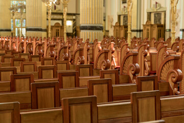 The pews in the church.Sanctuary of Our Lady of Sorrows in Licheń, Queen of Poland. The largest temple in Poland.