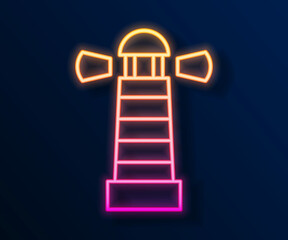 Glowing neon line Lighthouse icon isolated on black background. Vector