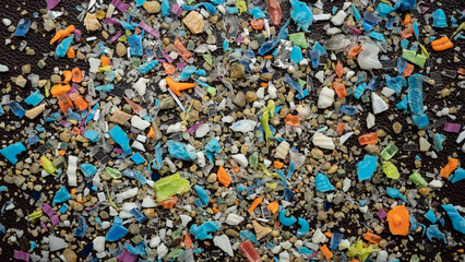 Close-up on micro plastic particles. The concept for water pollution and global warming. Macro shot...