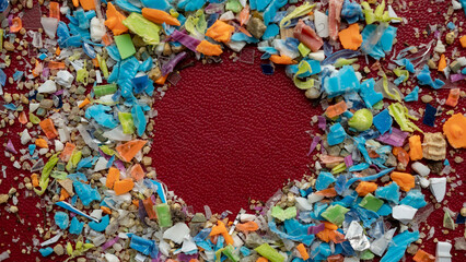 Close-up on micro plastic particles with copy space in the middle. The concept for water pollution and global warming. Macro shot on a bunch of microplastics that cannot be recycled.