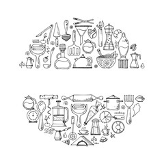 Obraz premium Vector circle background of kitchen tools. Hand drawn doodle cooking equipments. illustration for restaurant menu, recipe book, and wallpaper.