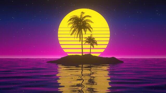 Synthwave background - lone island with palm trees