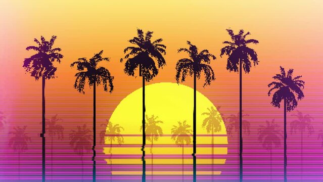 Glitch synthwave retro background - palm trees