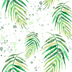  watercolor background from  tropical leaves, palm leaf, floral pattern. Bright Rapport for Paper, Textile, Wallpaper, design. Tropical leaves watercolor. Exotic tropical palm tree. Art pattern - obrazy, fototapety, plakaty
