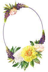 watercolor frame with summer flowers - colorful peonies in botanical style