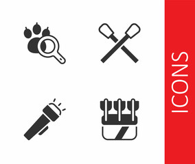 Set Quiver with arrows, Paw search, Flashlight and Burning match fire icon. Vector