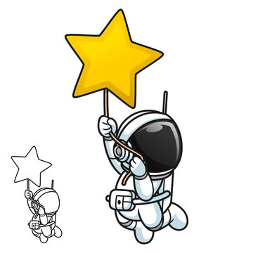 Cute Astronaut Hanging on The Star with Black and White Line Art Drawing