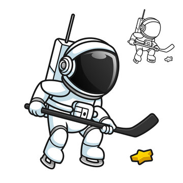Cute Astronaut Playing Hockey with Star Hockey Puck with Black and White Line Art Drawing