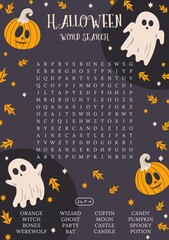 Halloween word search puzzle. October crossword game.  Worksheet for learning English words. Autumn theme. Suitable for social media post. Ghost and pumpkins vector illustration.Printable party card.
