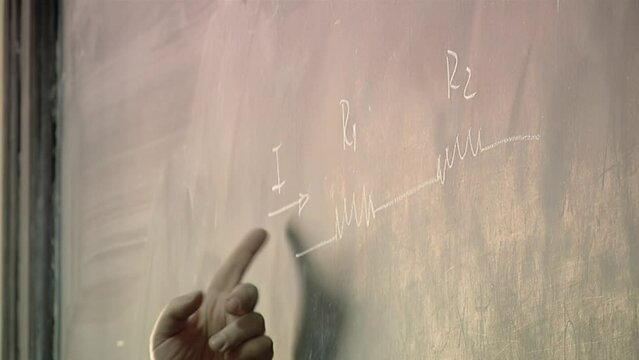 High School Teacher explaining a Lesson to Students in Front of a Chalkboard in Classroom. Close Up.