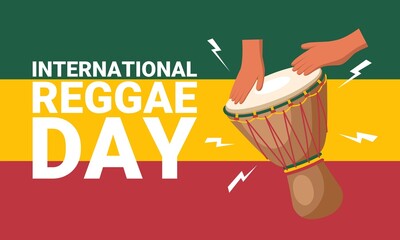 International reggae day banner design, with illustration of a hand playing a traditional drum.