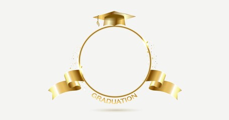Golden round frame with a graduate hat. Vector graduation ceremony hat student hat education white