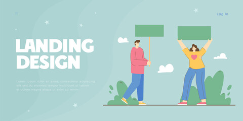 Young man and woman holding placards in hands. People organizing demonstration or meeting flat vector illustration. Human rights struggling concept for banner, website design or landing web page