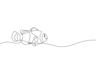 Orange clownfish fish without color in one continuous line drawing. Fresh seafood in linear sketch style on white background. Vector illustration - obrazy, fototapety, plakaty
