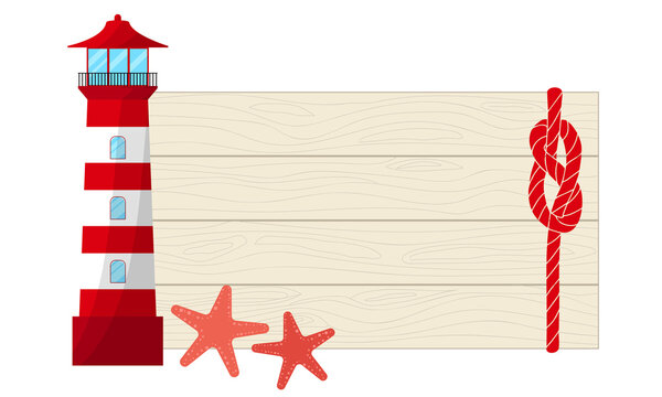 vector copy space background in shades of grey and red with sea star and lighthouse tower behind  white wooden planks
