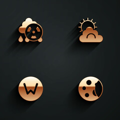 Set Acid rain radioactive cloud, Sun and weather, Compass north and Moon phases icon with long shadow. Vector