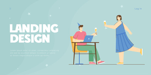 New Year or Christmas home party of happy couple. Man and woman with wine glasses flat vector illustration. Winter holiday celebration at home concept for banner, website design or landing web page