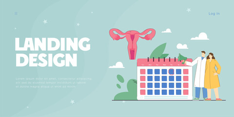 Tiny doctors with megaphone near calendar and uterus. Menstruation calendar and womans reproductive health flat vector illustration. Healthcare concept for banner, website design or landing web page