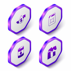 Set Isometric Oil price increase, Canister for gasoline, Barrel oil and and industrial factory icon. Purple hexagon button. Vector