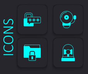 Set Ringing alarm bell, Cyber security, and Folder and lock icon. Black square button. Vector