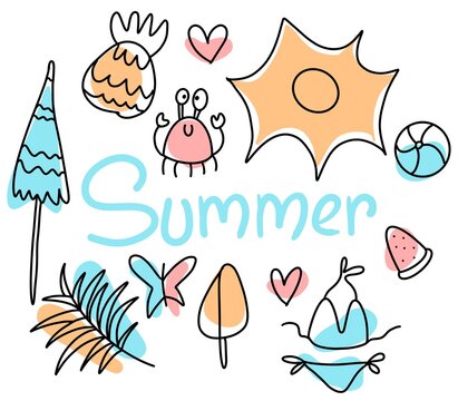Set of cute summer elements. Sun, palm tree, beach umbrella, calligraphy. For summertime poster, card, scrapbooking.