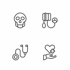 Set line Heart with cross, Stethoscope, Skull and Blood pressure icon. Vector