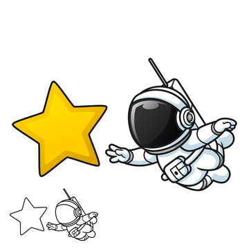 Cute Astronaut Floating Reaching Star with Black and White Line Art Drawing