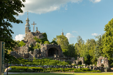 Golgotha in Licheń Stary. Way of the Cross on a hill made of stones. Place of prayers.