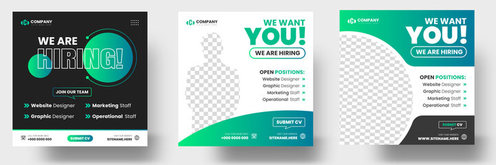 We are hiring job vacancy social media post banner design template with green color. We are hiring job vacancy square web banner design.