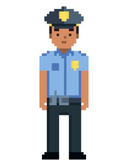 Policeman pixel game style illustration. Cop vector pixel art design. 8 bit sheriff character icon. Officer isolated on white background.