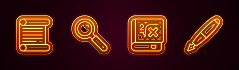 Set line Decree, parchment, scroll, Magnifying glass, Book with mathematics and Fountain pen nib. Glowing neon icon. Vector