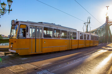 Tram on the bridge over the Danube in Budapest