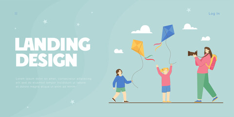 Mother taking picture of daughters playing game with kites. Woman holding photo camera flat vector illustration. Summer adventure, vacation concept for banner, website design or landing web page