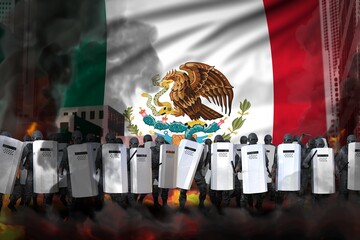 Mexico protest stopping concept, police swat on city street are protecting peaceful people against riot - military 3D Illustration on flag background
