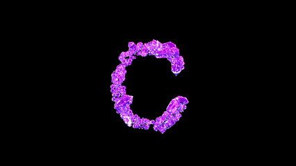 letter C made of pink fashion gem stones or symbol on black, isolated - object 3D illustration
