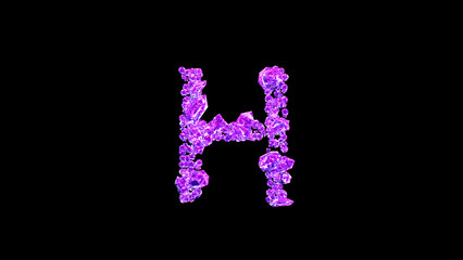 letter H made of purple fashion brilliants or symbol on black, isolated - object 3D rendering