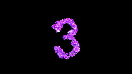 number 3 made of pink fashion gems or symbol on black, isolated - object 3D illustration