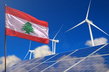 Lebanon renewable energy, wind and solar energy concept with windmills and solar panels - renewable energy - industrial illustration, 3D illustration