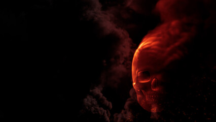 Burning red skull with fire bg with free space - war concept - abstract 3D rendering