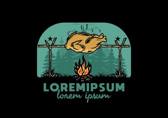Grilling chicken over bonfire illustration design