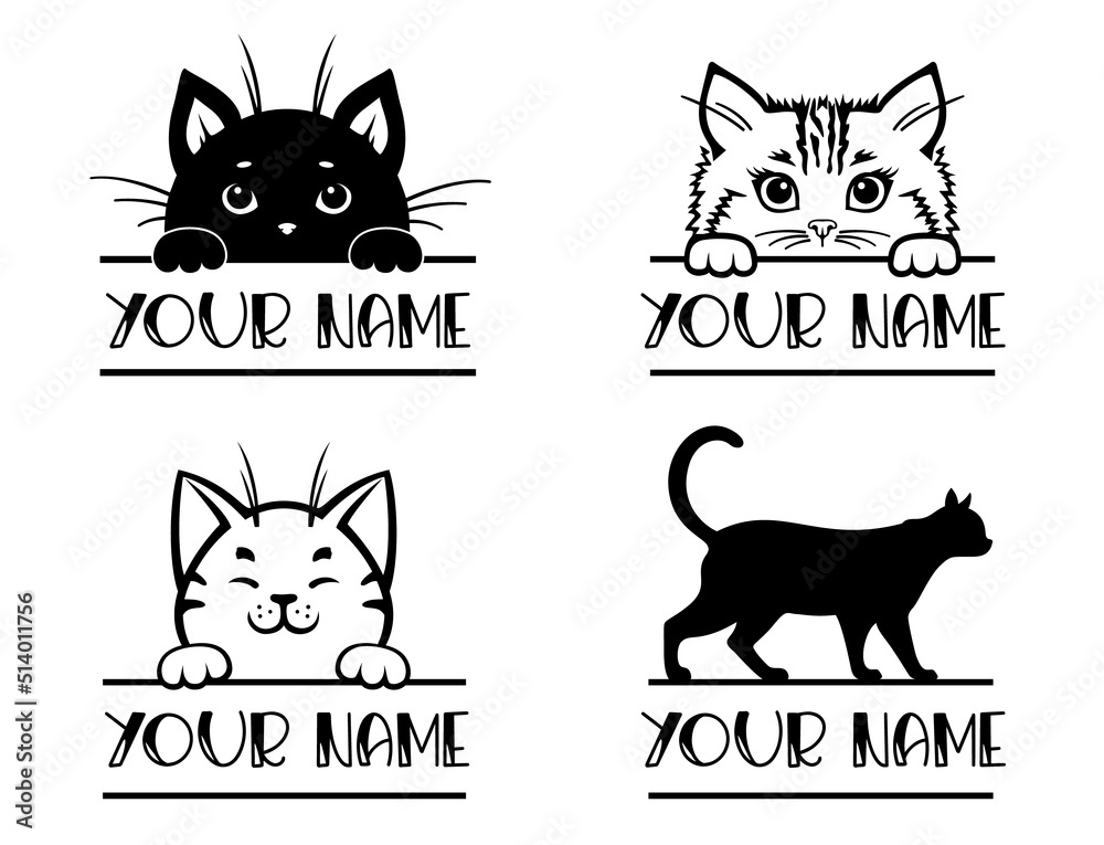 Wall mural peeking face cat. set of cat monogram with space for text. cat lover design. cat name sign.