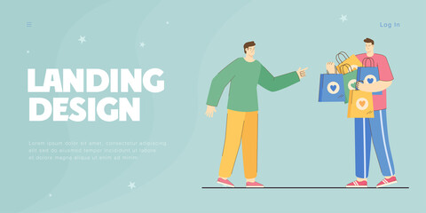 One man pointing finger at another one holding shopping bags with hearts on them. Friends envy and jealousy flat vector illustration. Relationship concept for banner, website design, landing web page - obrazy, fototapety, plakaty