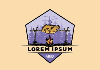 Grilling chicken over bonfire illustration design