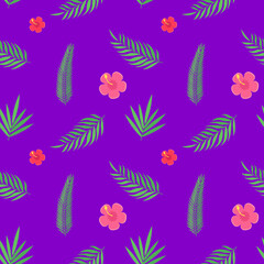 This is a seamless pattern with tropical leaves on a purple background